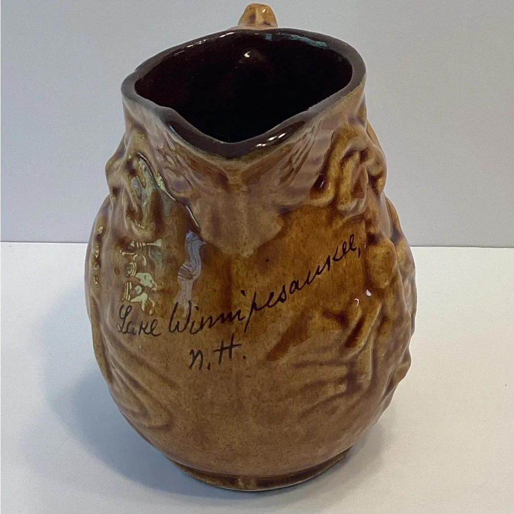Vintage Canada Brown Glaze Stoneware Pottery Pitcher Syrup Jug Souvenir Lake NH - Picture 2 of 6
